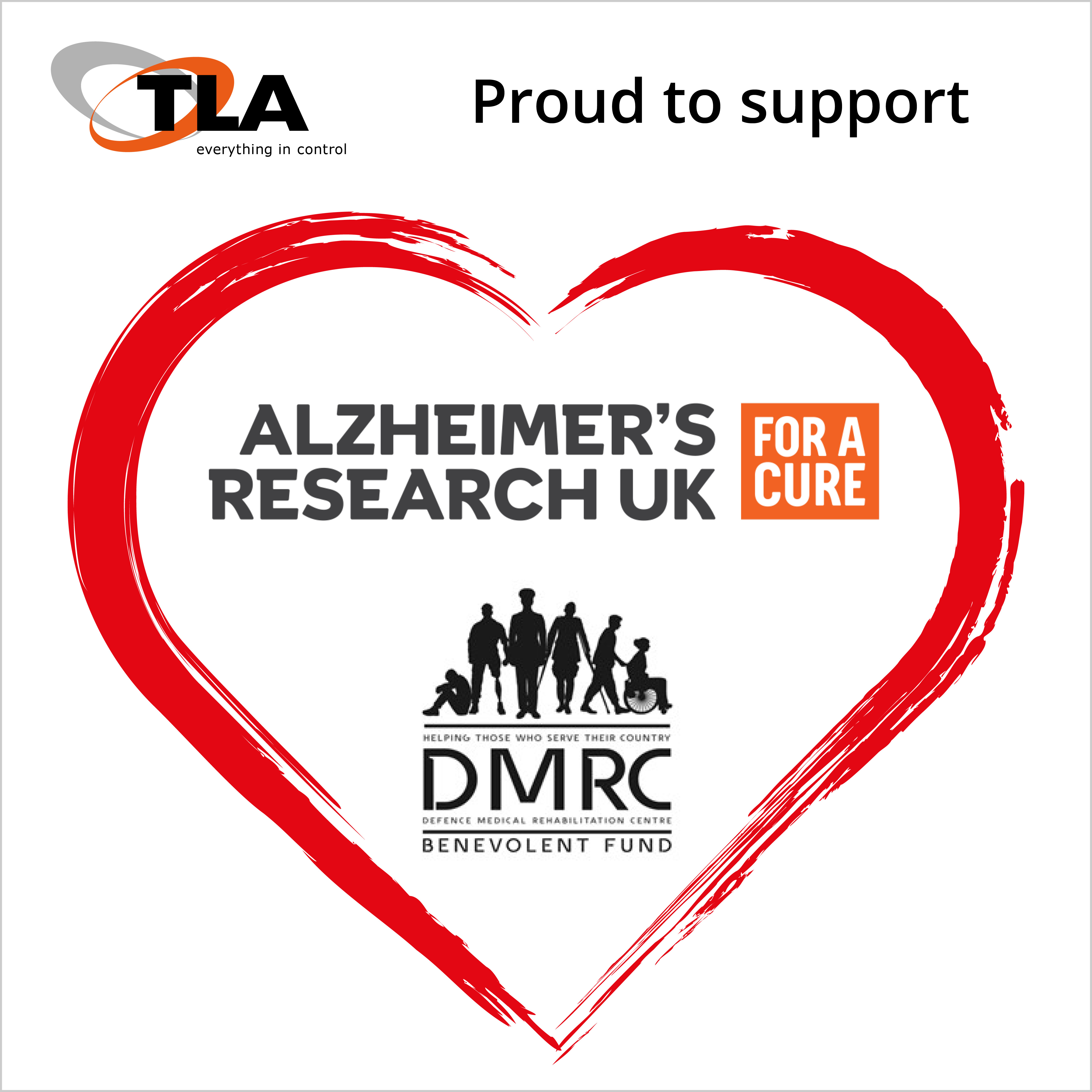 Image shows an outline of a red heart with the logos for Alzheimer's Research and the Defence Medical Rehabilitation Centre Benevolent Fund inside it.