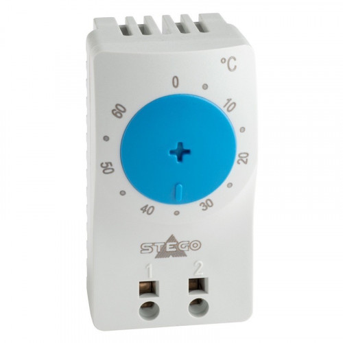 Stego, 11101.0-00, KTS111, Cooling Thermostat (Blue), Setting Range 0 to +60°C, 1xN/O, Push in Connections, DIN Rail Mountable, IP20