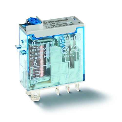 Finder, 46.61.8.230.4040, 46 Series, Miniature Relay, Lockable Test + Mechanical Indicator, Faston, 16A @ 240V AC, 1 Pole, 230V AC, AgSNO2 (Silver Tin Oxide),