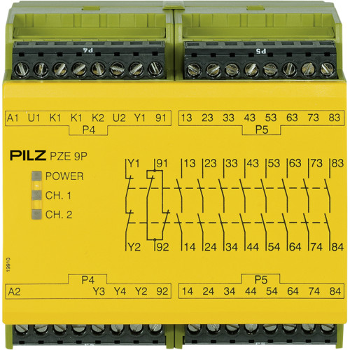 PILZ, 777140, PZE 9P, Contact Expansion, 8 x N/O, 1 x N/C, 24V AC/DC, 1-2 Channel Wiring, With/Without Cross Wire Detection