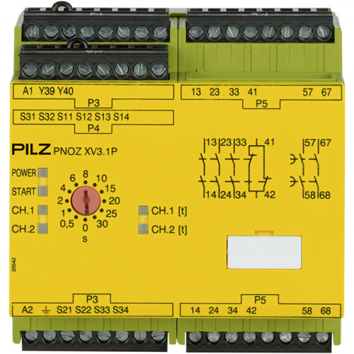 PILZ, 777530, PNOZ XV3.1P, Safety Relay, 3 x N/O, 1 x N/C, 2 x N/O Timed, 24-240V AC/DC, 1-2 Channel Wiring, With-Without Cross Wire Detection