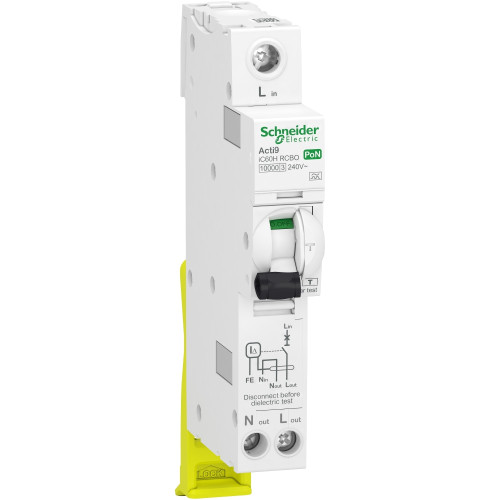 Schneider Electric, A9D05820, Acti9, iC60H, Type A RCBO Plug On Neutral, 1 Pole + N, 20 Amp, 30ma, C Curve, 240V AC