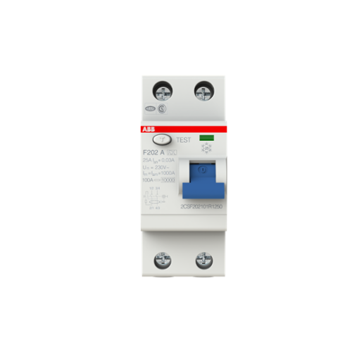 ABB, F202A-25/0.03, 2CSF202101R1250, A Type RCCB, 2 Pole, 25 Amp, 30mA Rated Residual Current Trip