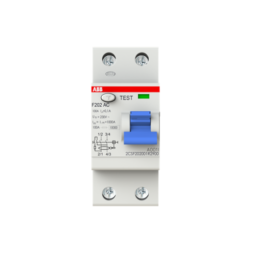 ABB, F202AC-100/0.1, 2CSF202001R2900, AC Type RCCB, 2 Pole, 100 Amp, 100mA Rated Residual Current Trip