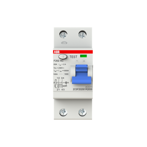 ABB, F202AC-63/0.1, 2CSF202001R2630, AC Type RCCB, 2 Pole, 63 Amp, 100mA Rated Residual Current Trip