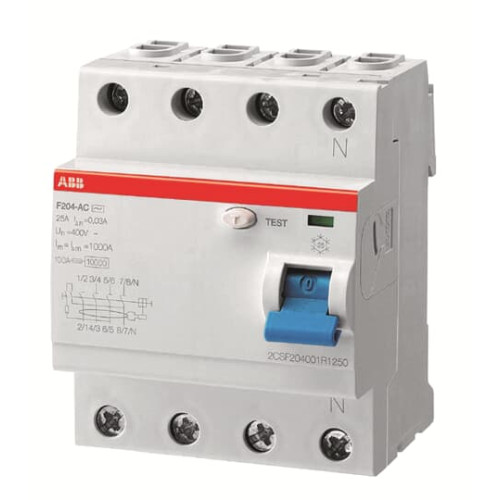 ABB, F204AS-40/0.1, 2CSF204201R2400, A Type RCCB, Selective Tripping, 4 Pole, 40 Amp, 100mA Rated Residual Current Trip