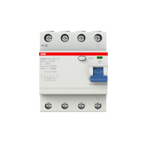 ABB, F204AS-63/0.3, 2CSF204201R3630, A Type RCCB, Selective Tripping, 4 Pole, 63 Amp, 300mA Rated Residual Current Trip