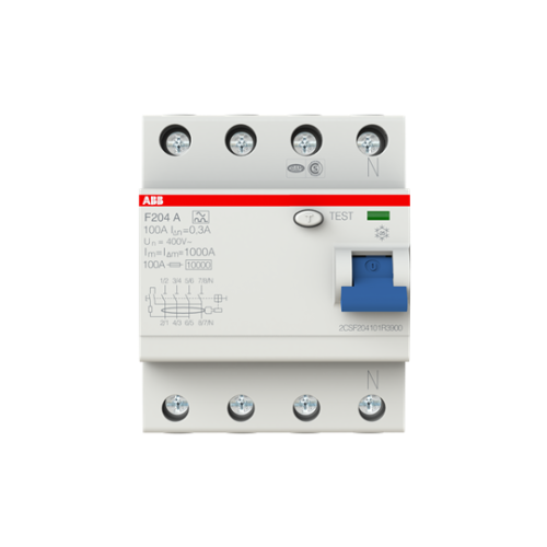 ABB, F204A-100/0.3, 2CSF204101R3900, A Type RCCB, 4 Pole, 100 Amp, 300mA Rated Residual Current Trip