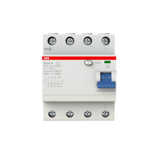 ABB, F204A-25/0.03, 2CSF204101R1250, A Type RCCB, 4 Pole, 25 Amp, 30mA Rated Residual Current Trip