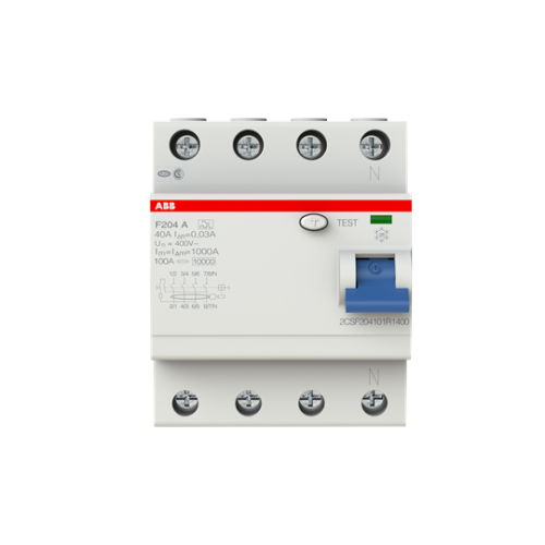 ABB, F204A-40/0.03, 2CSF204101R1400, A Type RCCB, 4 Pole, 40 Amp, 30mA Rated Residual Current Trip