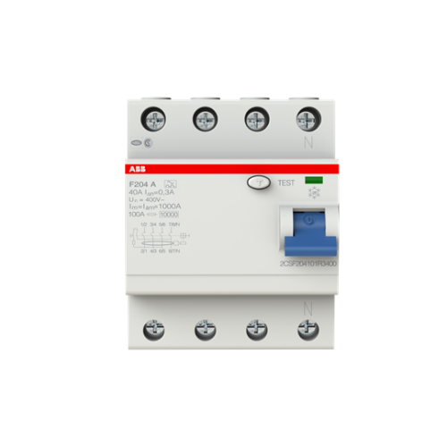 ABB, F204A-40/0.3, 2CSF204101R3400, A Type RCCB, 4 Pole, 40 Amp, 100mA Rated Residual Current Trip