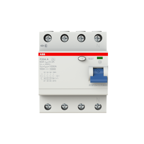 ABB, F204A-63/0.3, 2CSF204101R3630, A Type RCCB, 4 Pole, 63 Amp, 300mA Rated Residual Current Trip