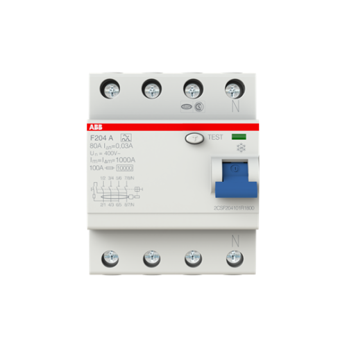 ABB, F204A-80/0.03, 2CSF204101R1800, A Type RCCB, 4 Pole, 80 Amp, 30mA Rated Residual Current Trip