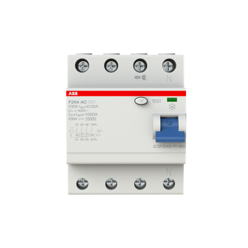 ABB, F204AC-100/0.03, 2CSF204001R1900, AC Type RCCB, 4 Pole, 100 Amp, 30mA Rated Residual Current Trip