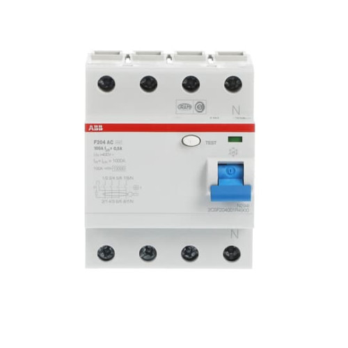 ABB, F204AC-100/0.5, 2CSF204001R4900, AC Type RCCB, 4 Pole, 100 Amp, 500mA Rated Residual Current Trip