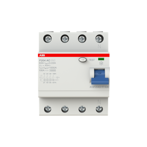 ABB, F204AC-63/0.03, 2CSF204001R1630, AC Type RCCB, 4 Pole, 63 Amp, 30mA Rated Residual Current Trip