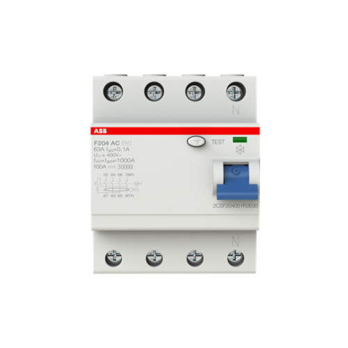 ABB, F204AC-63/0.1, 2CSF204001R2630, AC Type RCCB, 4 Pole, 63 Amp, 100mA Rated Residual Current Trip