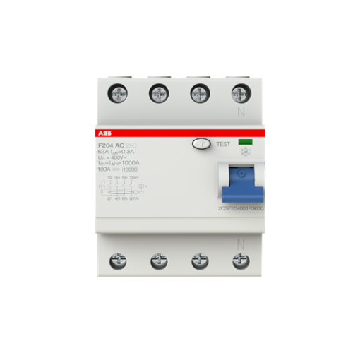 ABB, F204AC-63/0.3, 2CSF204001R3630, AC Type RCCB, 4 Pole, 63 Amp, 300mA Rated Residual Current Trip