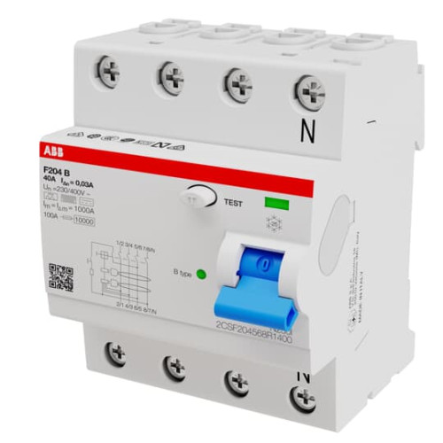 ABB, F204B-40/0.03, 2CSF204568R1400, B Type RCCB, 4 Pole, 40 Amp, 30mA Rated Residual Current Trip