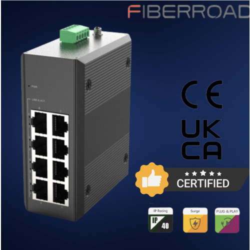 Fiberroad, FR-6N1008-IMC, 8 Port Industrial Unmanaged Ethernet Switch, 8x10/100Base-T Ports (RJ45), Voltage 9-58V DC, 15-40V AC, Operating Temperature -20°C to +70°C (-4 to 158 °F) IP40