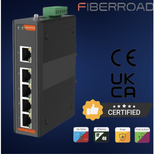 Fiberroad, FR-7N1005P-IMC, 5 Port POE Industrial Unmanaged Ethernet Switch, 5x10/100Base-TX Ports (RJ45), for POE output use input Voltage 48-52V DC, 30W Per Port output, for non POE operatio