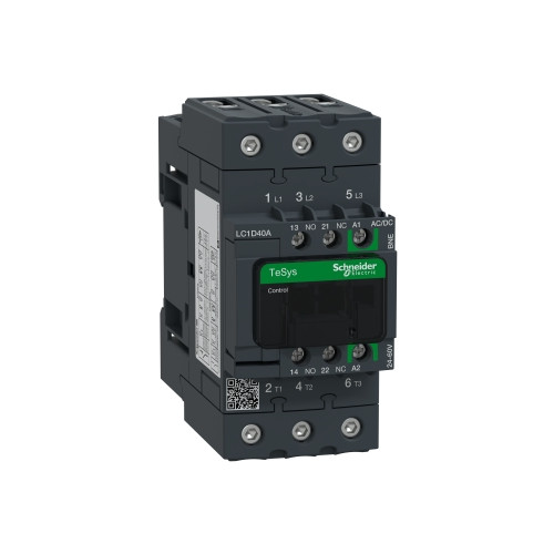 Schneider Electric, LC1D40ABNE, Contactor 3 Pole AC1 60A, AC3 40A, 22kW, 3 x N/O Main Poles 1 x N/C + 1 x N/O Aux 24 - 60V AC/DC Coil