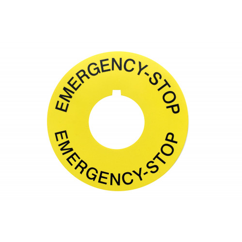 Emergency Stop legend 60mm Diameter, 22.5 Centre Hole, With Keyway, UV Resistant (0.72mm HIPS, High Impact Polystyrene) Silk Screen Print
