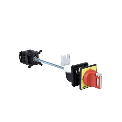 Schneider Electric, VCCDN12, Mini Vario Switch-disconnector, Chassis Mounting, 3 Pole, 12 Amp, C/W Shaft Extension VZN17 + Interlock Plate KZ32 + 60x60mm Red/Yellow Handle KCD1PZ, 22.5mm Ã˜ M