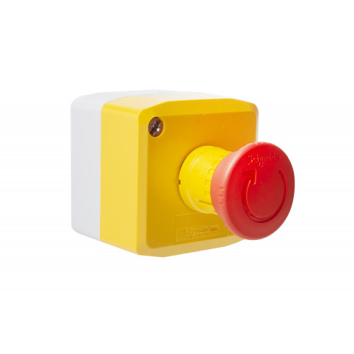 Schneider Electric, XALK178E, Emergency Stop Control Station, Yellow Plastic Lid, Light Grey Base 1 x Turn To Release 40mm Red Mushroom Head, 1 x N/O + 1 x N/C Contacts