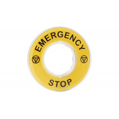 Schneider Electric, ZBY9320, Harmony XB4, Legend 60mm Ã˜ For Emergency Stop Mushroom Head Pushbutton, Marked EMERGENCY STOP / LOGO ISO13850, Yellow