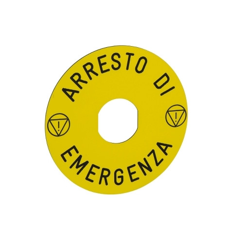 Schneider Electric, ZBY9630, Harmony XB4, Legend 60mm Ã˜ For Emergency Stop, Marked (Italian) ARRESTO DI EMERGENZA / ISO13850